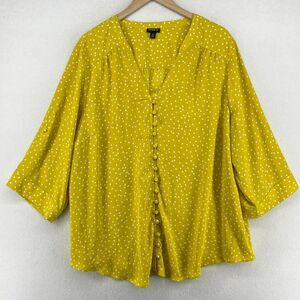 TORRID Top 3 Polka Dot Button Up 3/4 Sleeve V-neck Tunic Blouse Yellow